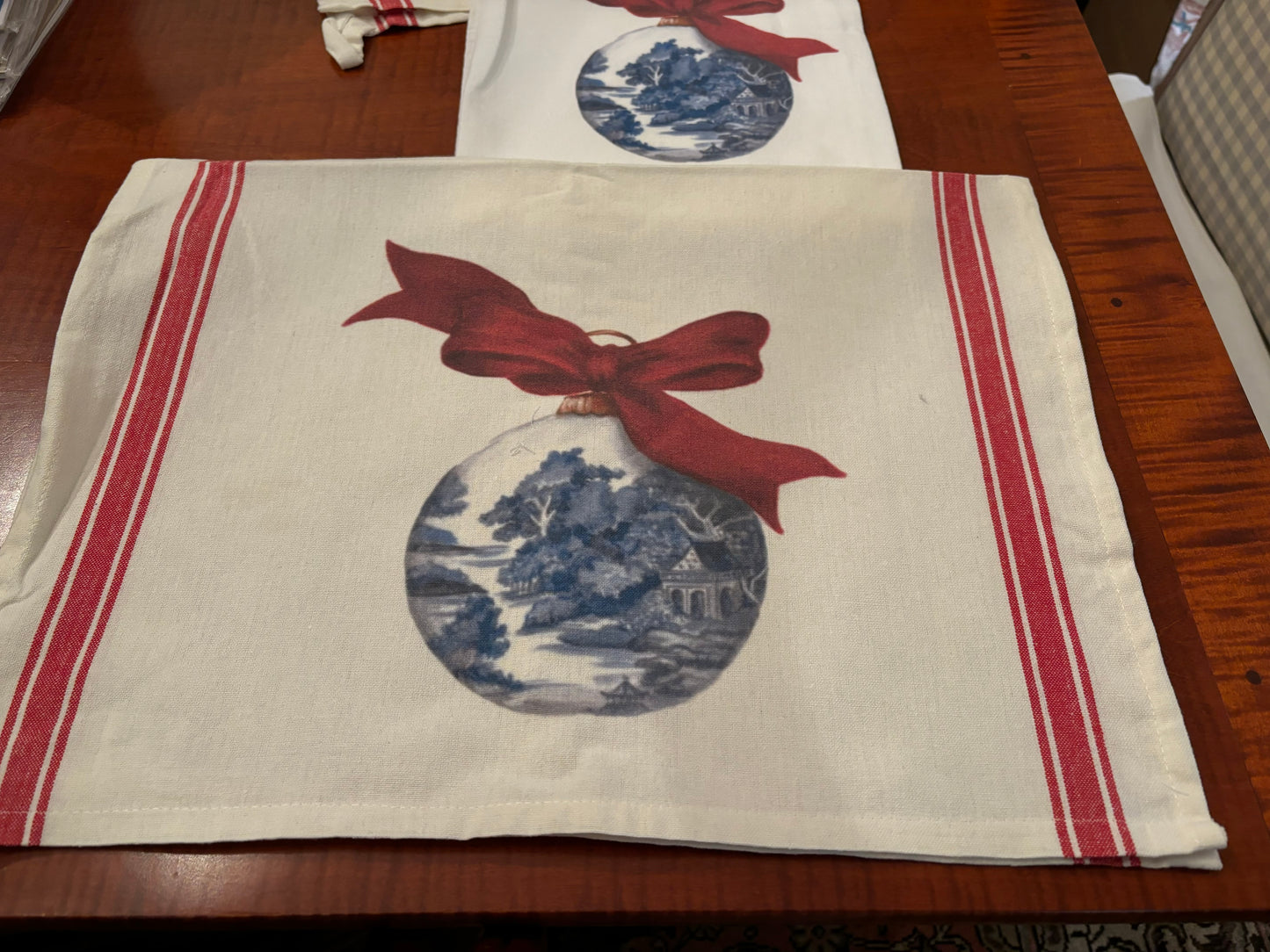 Christmas Chinoiserie Ornament and Bow Tea Towel