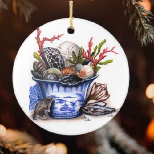Chinoiserie Pail and Seashells Christmas Ornament