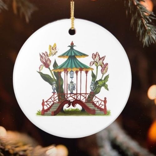 Pagoda with Parrot Tulips Christmas Ornament