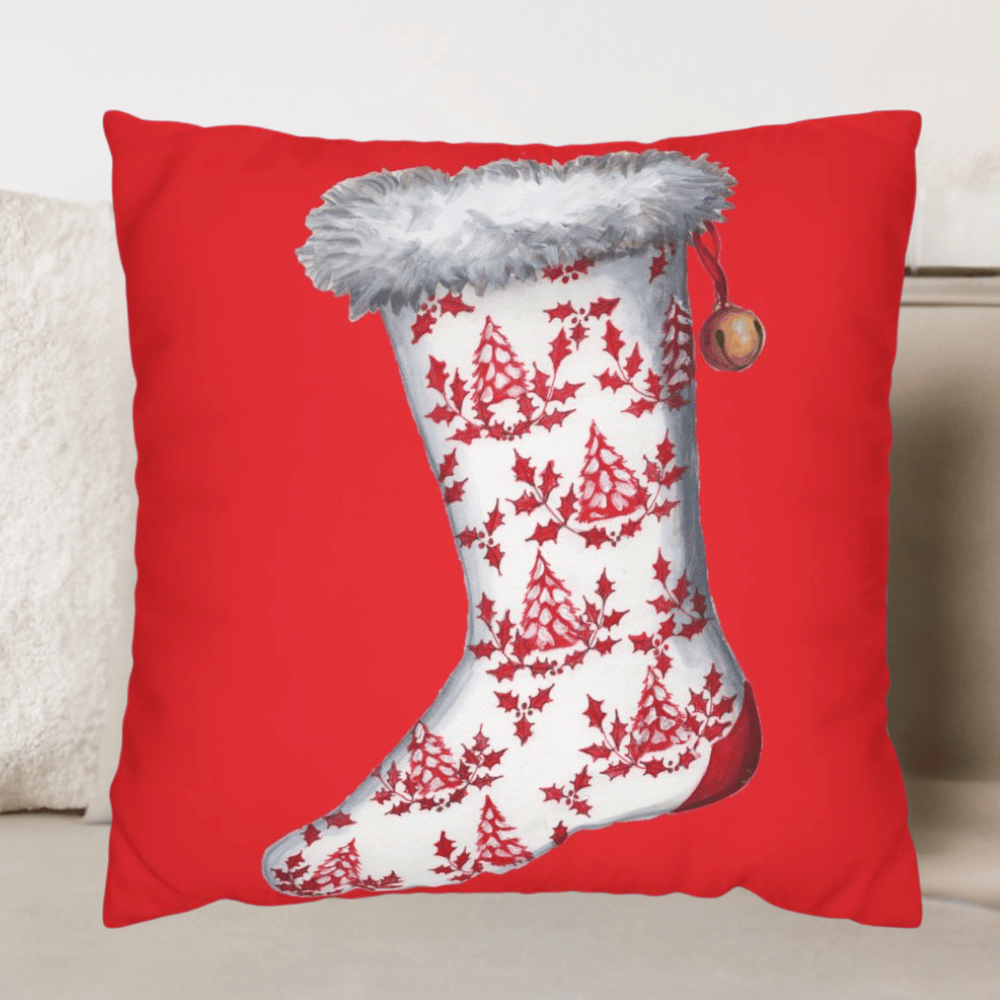 Holiday Stocking Pillow Cover or Throw Pillow | White, Green or Red Background