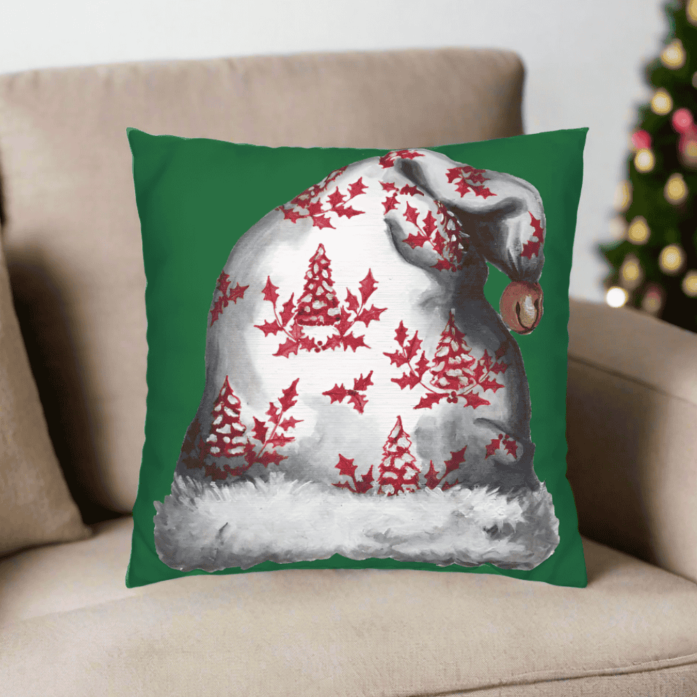 Santa Hat Pillow Cover or Throw Pillow | Red, Green or White Background