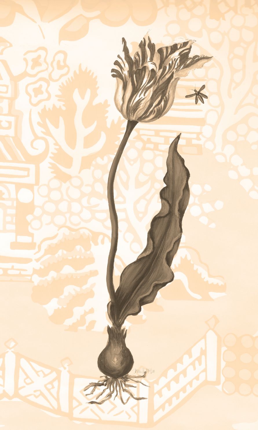 Sepia Parrot Tulip with Bee Canvas Wall Hanging