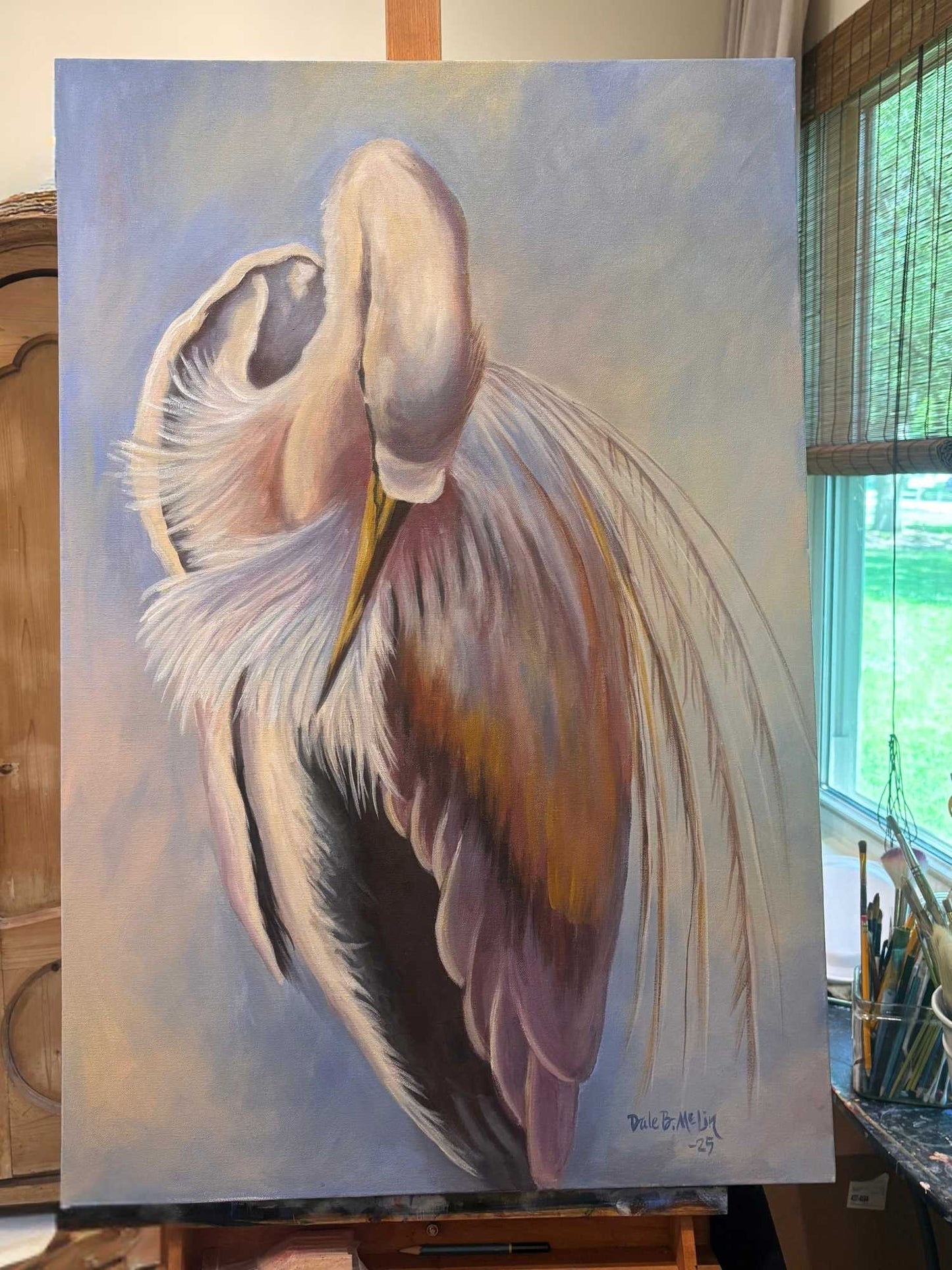 Original acrylic painting of a preening egret in soft blush, cream, lavender, and blue tones on a 24x36 gallery-wrapped canvas.