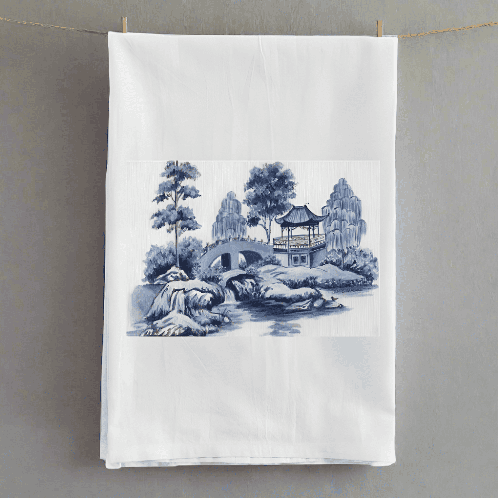 Blue Chinoiserie Landscape Tea Towel