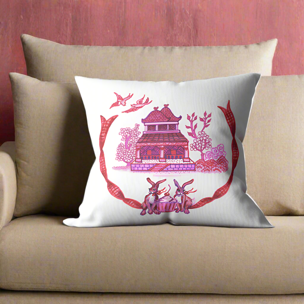 Chinoiserie House and Bunnies Pillow Cover or Throw Pillow