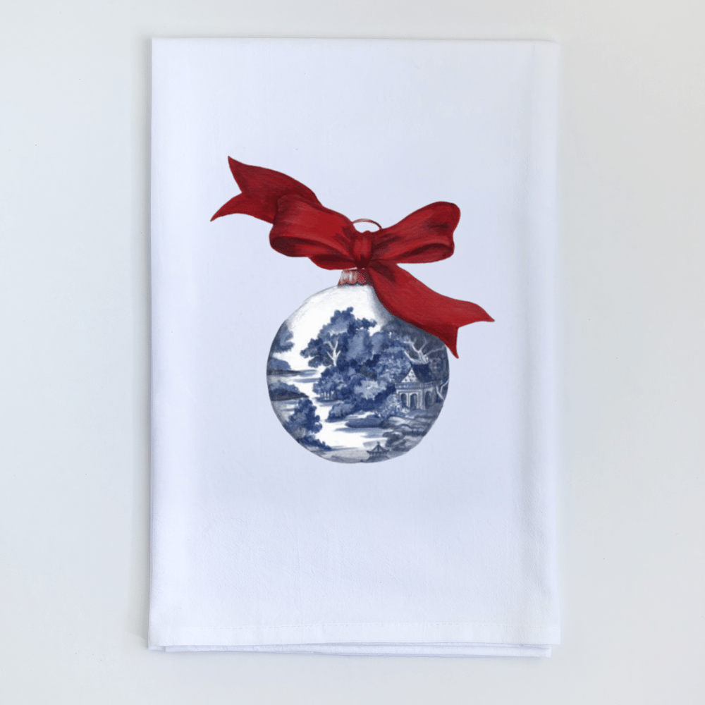 Christmas Chinoiserie Ornament and Bow Tea Towel