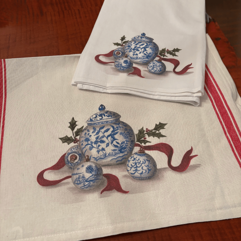 Christmas Chinoiserie Ornaments and Jar Tea Towel