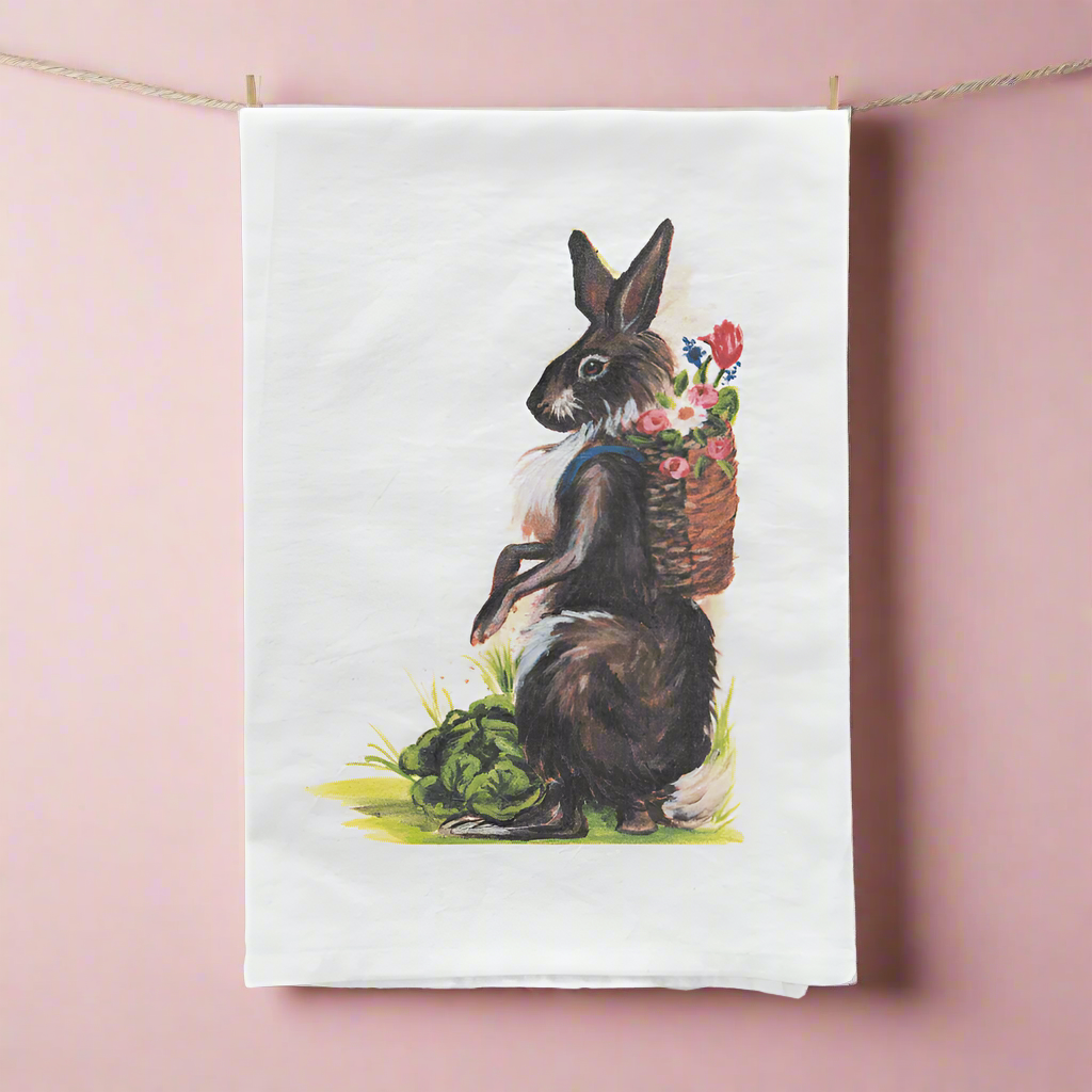Garden Bunny with Flower-Filled Backpack Tea Towels