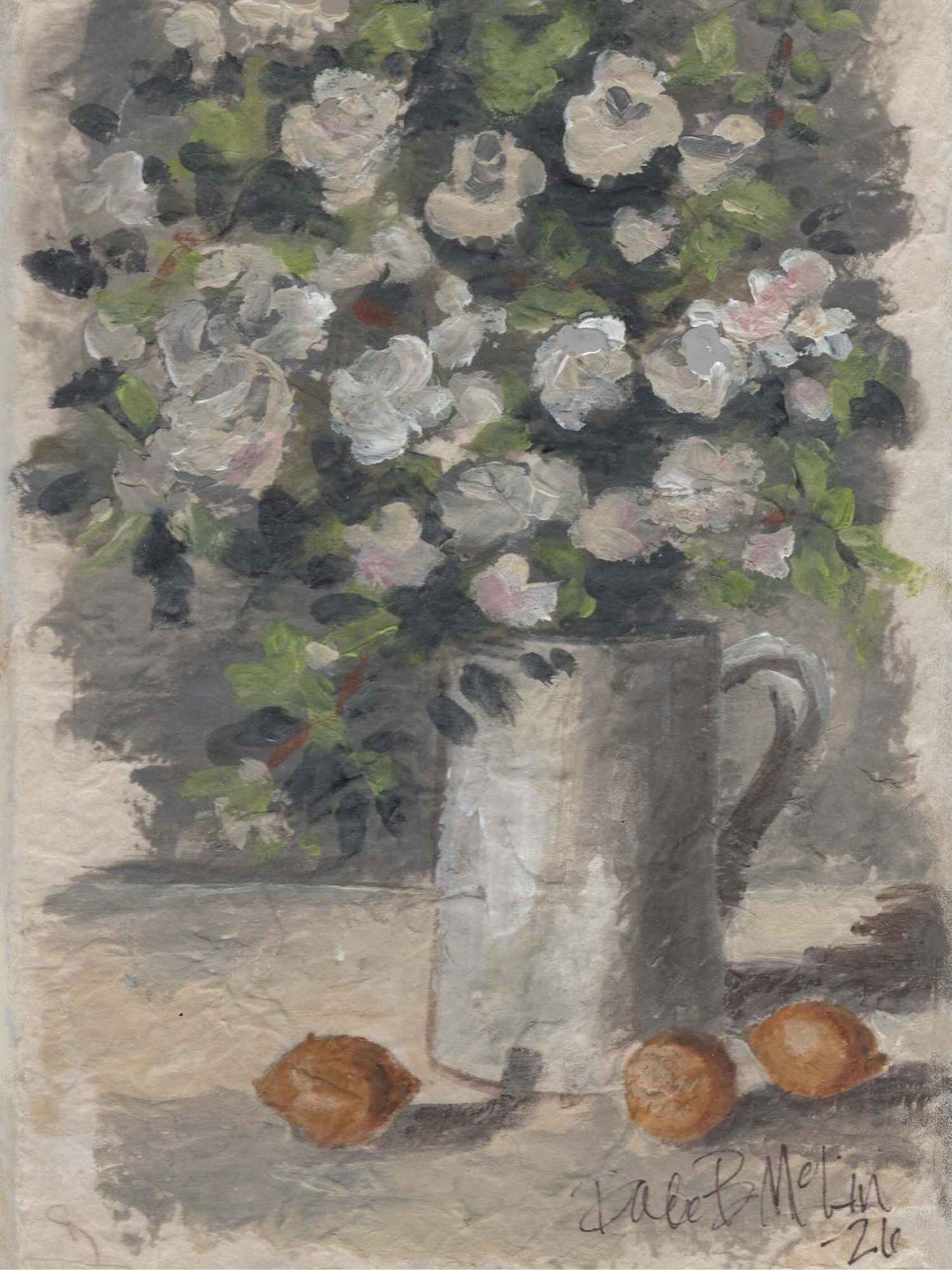 Lemons and White Flowers in Ironstone Pottery Tabletop Art