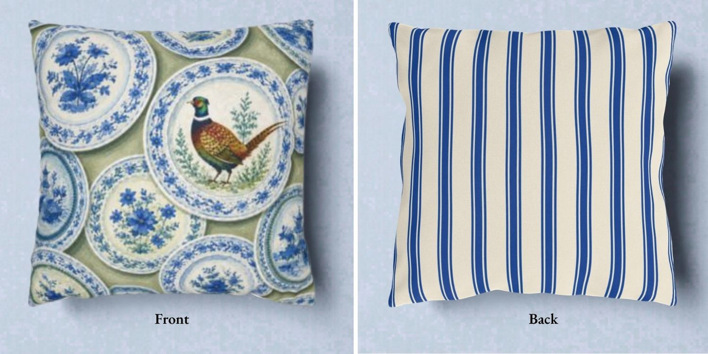Pheasant on Porcelain Pillow Cover or Throw Pillow