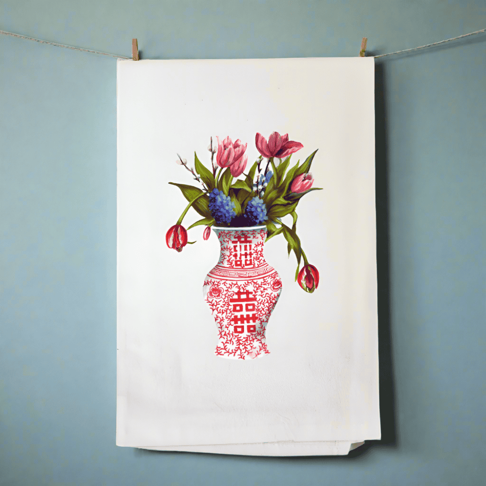 Red Chinoiserie Vase and Flowers Tea Towel