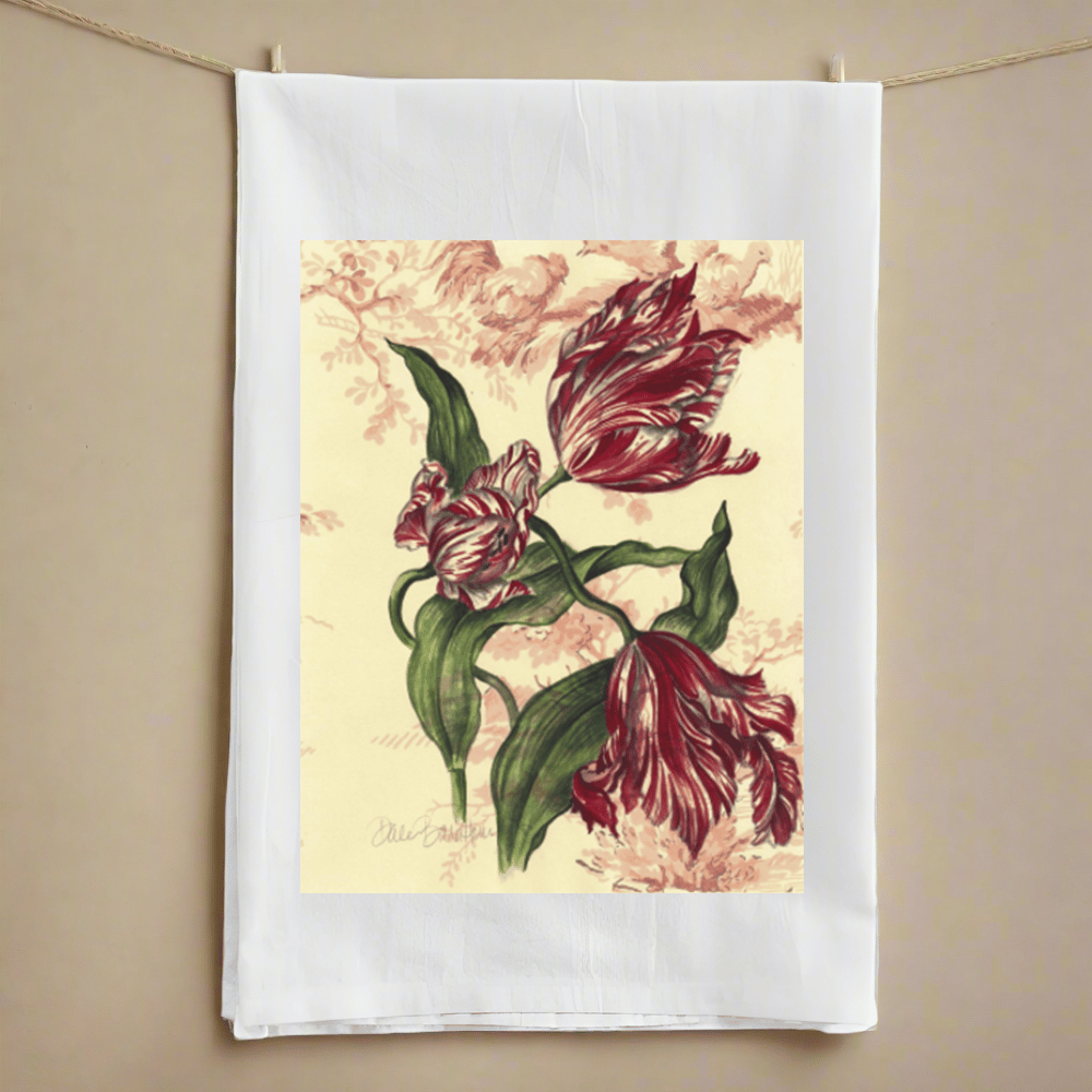 Tulips and Toile Tea Towel