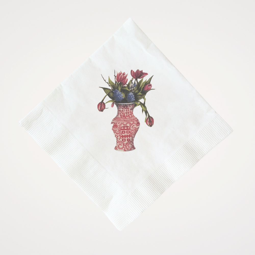 Red Chinoiserie Vase with Flowers | Pack of 20 Paper Beverage Napkins or Guest Towels