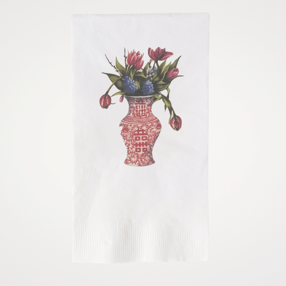 Red Chinoiserie Vase with Flowers | Pack of 20 Paper Beverage Napkins or Guest Towels