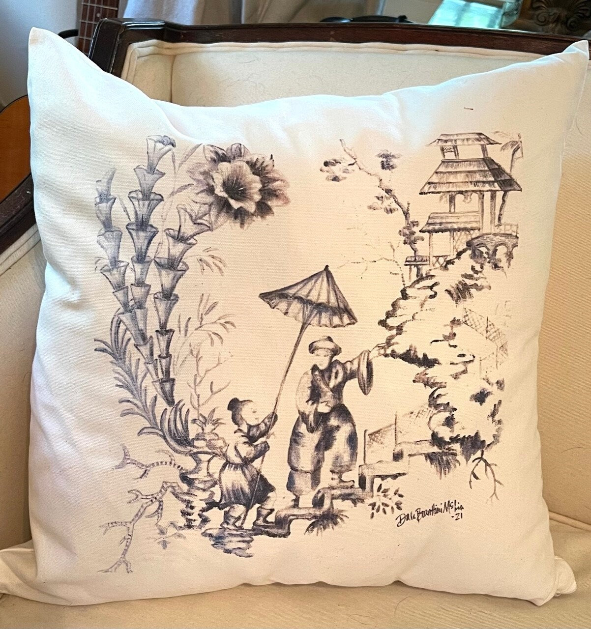 Chinoiserie Scene in Blue Pillow Cover or Throw Pillow