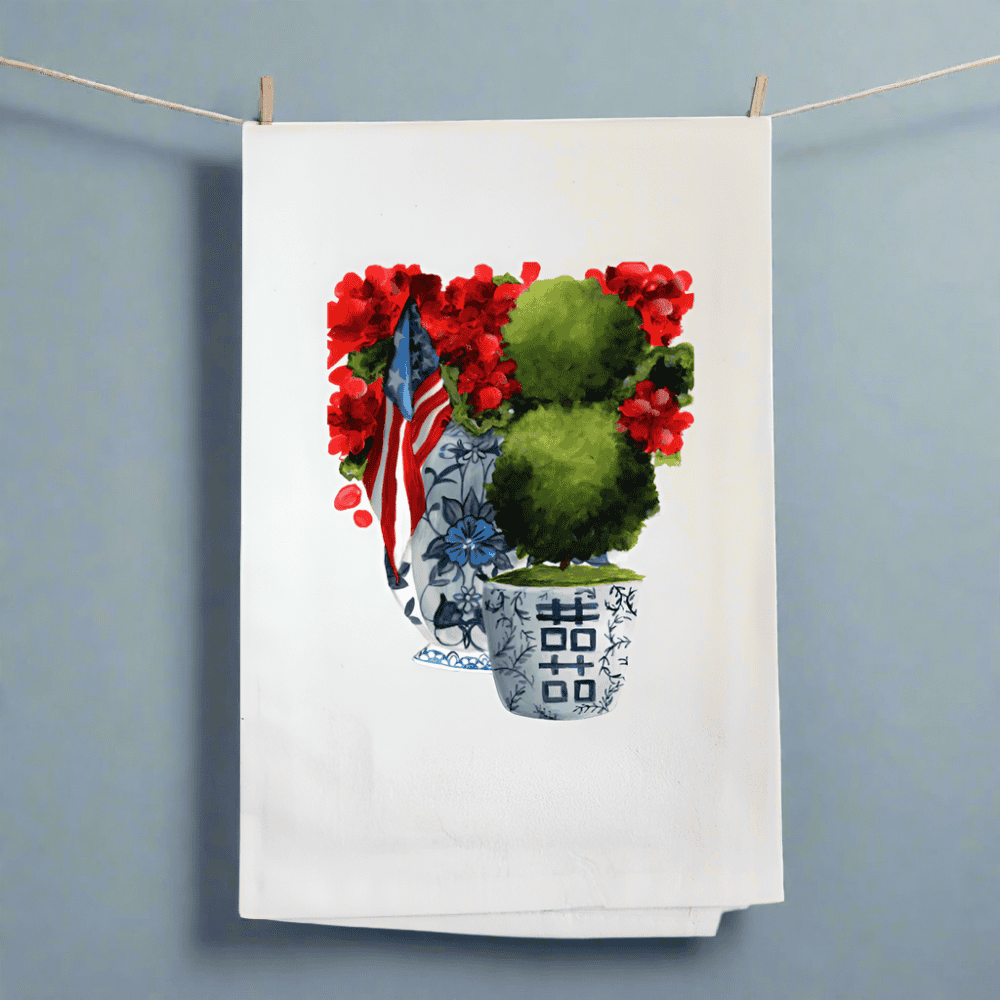 American Flag and Geraniums Tea Towel