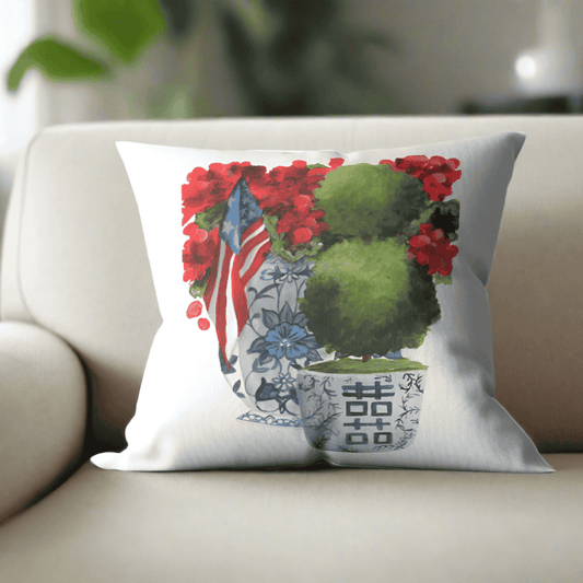 American Flag and Geraniums Pillow Cover or Throw Pillow