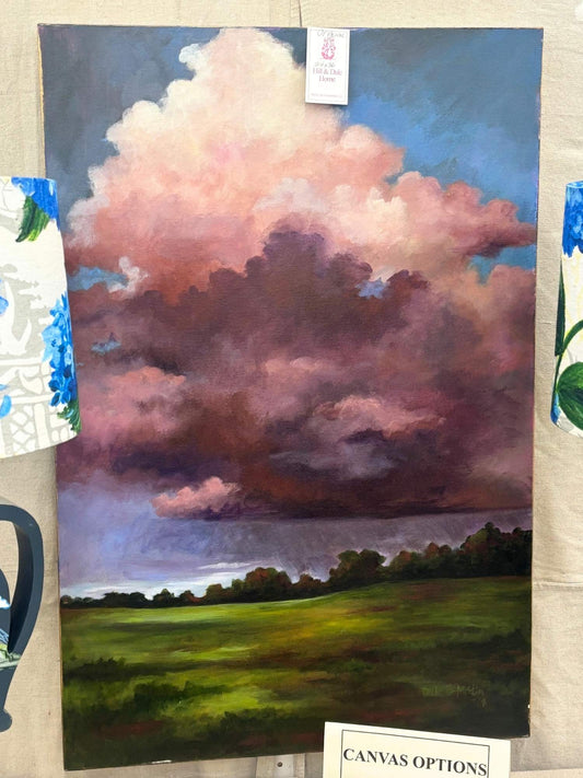Original acrylic painting of a dramatic storm sky in blush, violet, and deep blue over a green field, on 24x36 gallery-wrapped canvas.