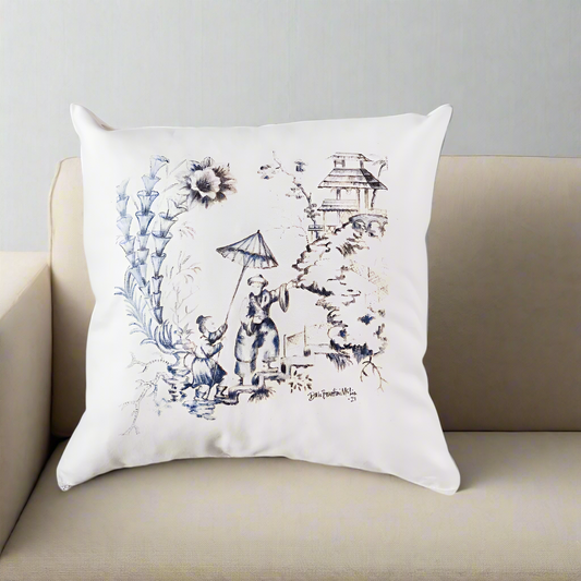 Chinoiserie Scene in Blue Pillow Cover or Throw Pillow