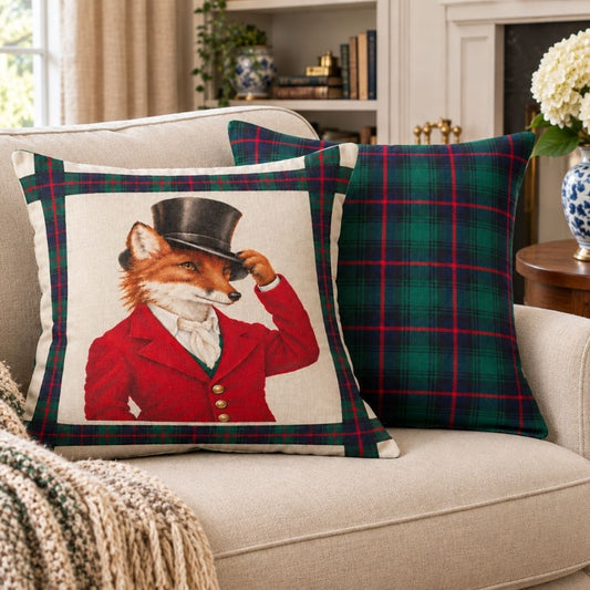 Two decorative throw pillows on a beige sofa in a living room setting. The front pillow features a fox dressed in a red coat and black top hat on a cream background with a green tartan border, while the rear pillow is solid green tartan plaid.
