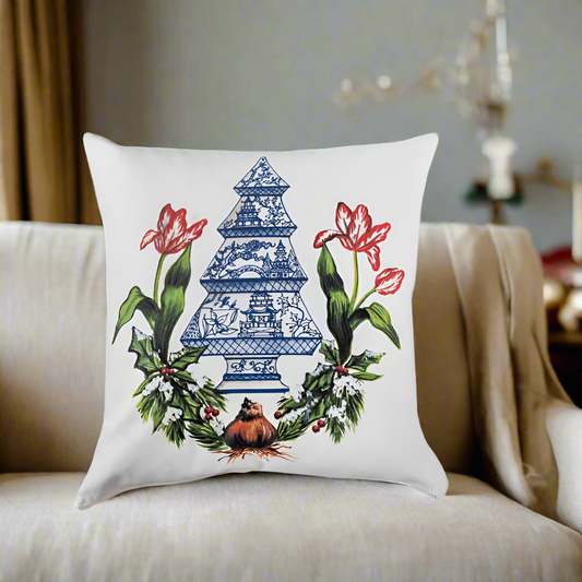 Holiday Chinoiserie Tree and Tulips Pillow Cover or Throw Pillow