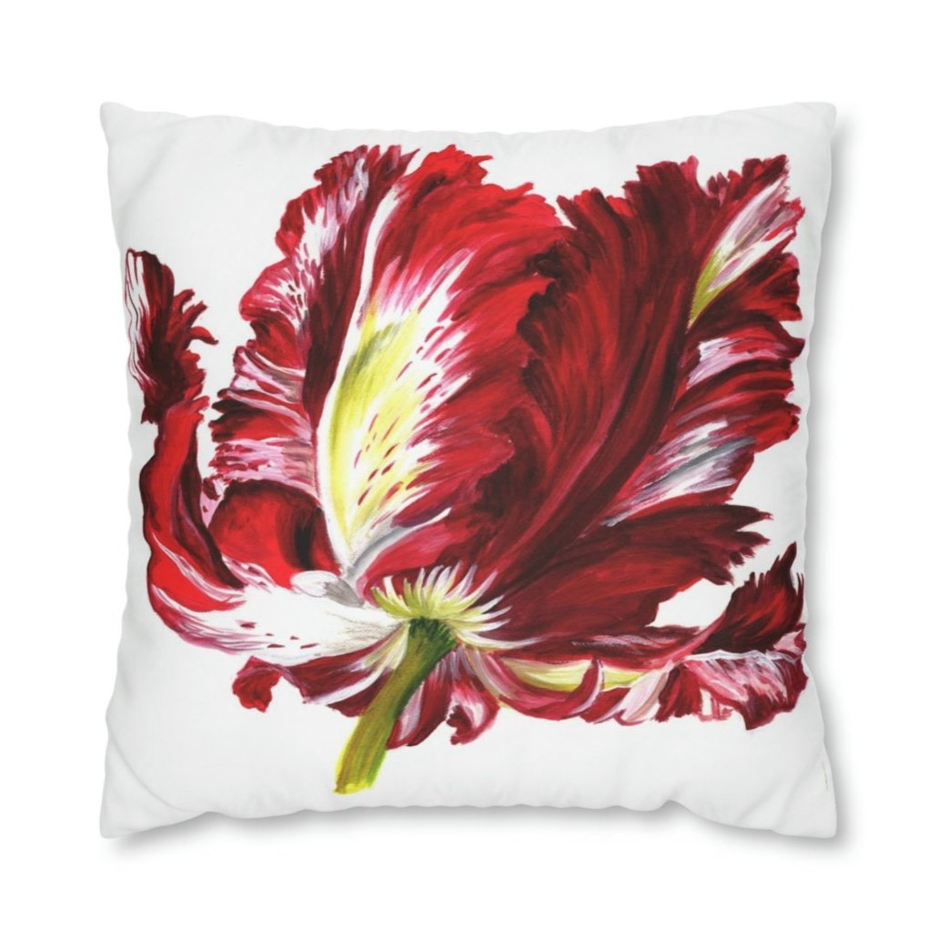 Photo of a stunning throw pillow cover featuring a fiery red and white parrot tulip. 