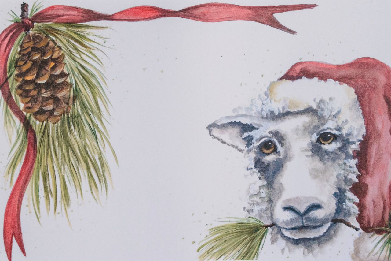 Up close photo of a paper placemat featuring a Santa hat-wearing sheep