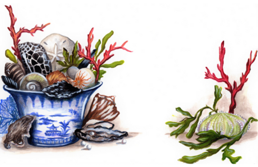 Up close photo of a paper placemat with artwork featuring a blue painted chinoiserie pail with seashells