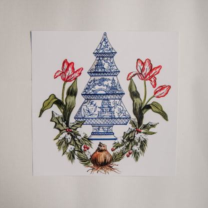 Photo of square placemat with chinoiserie tree and tulips on a white background