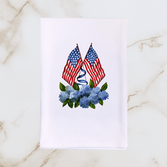 Patriotic Flags with Hydrangeas Tea Towel