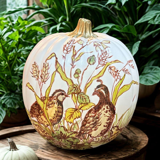 Hand-painted 6-inch decorative pumpkin featuring a family of quails nestled in wheat, with soft, earthy tones and rustic fall details.