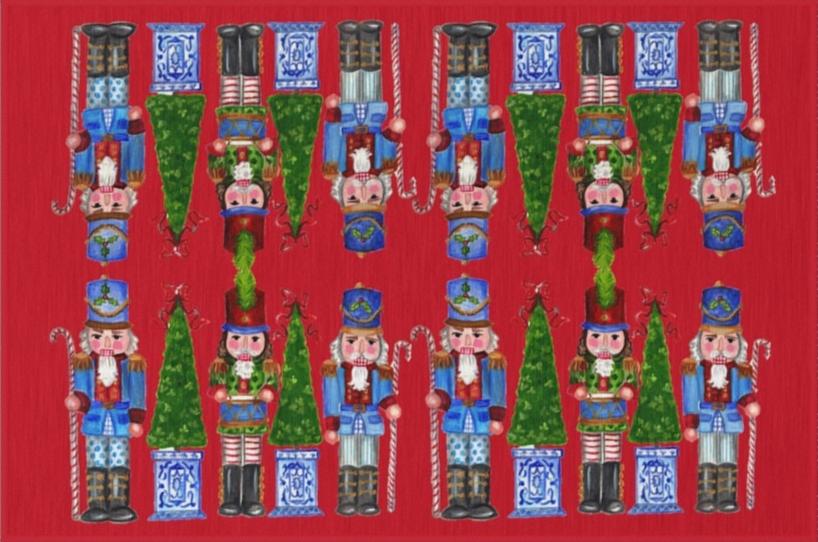 Photo of a whimsical holiday rug with a red background featuring nutcrackers holding candy cane staffs and Christmas trees with a chinoiserie base