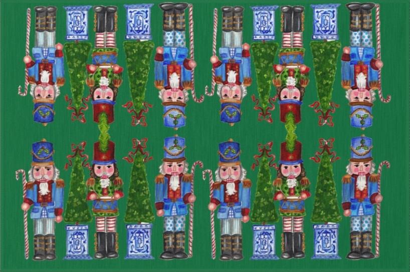 Image of a green rug with whimsical nutcrackers and Christmas trees