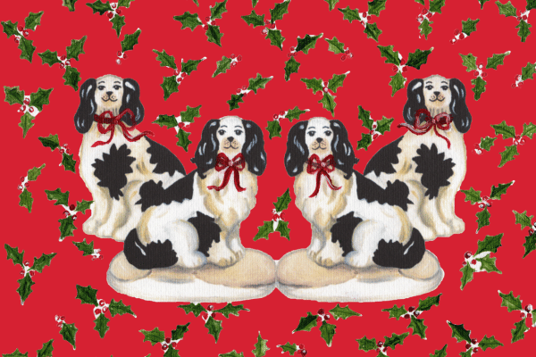 Photo of a red rug featuring four Staffordshire dogs with red bows surrounded by a holly pattern