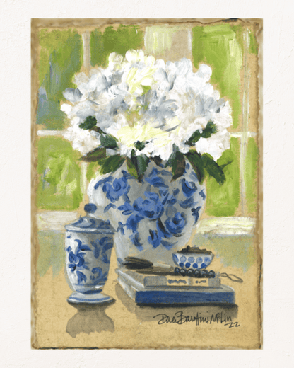 Chinoiserie Vase with White Hydrangeas Art Print