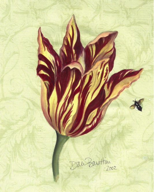 Hand-painted tulip in yellow and red hues with a small bee hovering nearby, set against a pale green damask background—perfect for spring displays or gifting.
