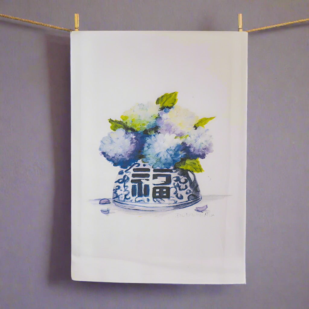 Blue Hydrangeas in Chinoiserie Happy Jar Tea Towel