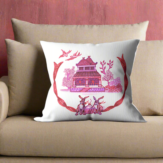 Chinoiserie House and Bunnies Pillow Cover or Throw Pillow