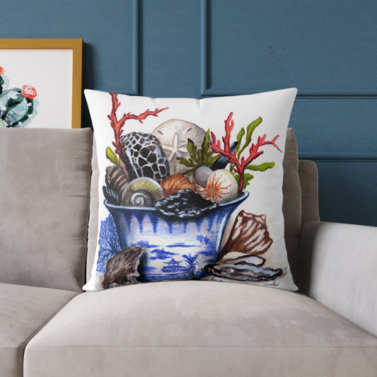 Chinoiserie Pail and Seashells Pillow Cover or Throw Pillow