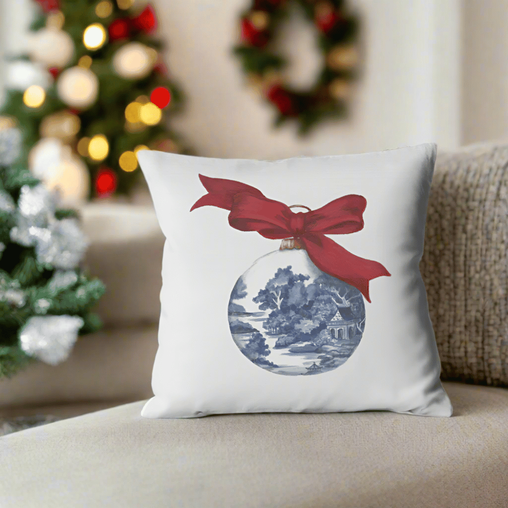 Christmas Chinoiserie Ornament and Bow Pillow Cover or Throw Pillow