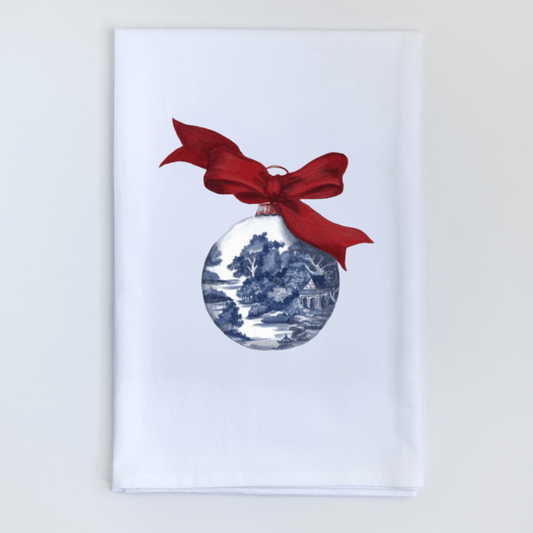 Christmas Chinoiserie Ornament and Bow Tea Towel