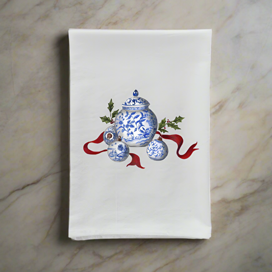 Christmas Chinoiserie Ornaments and Jar Tea Towel