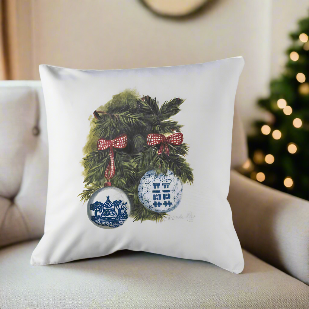 Christmas Chinoiserie Ornaments and Greenery Pillow Cover or Throw Pillow