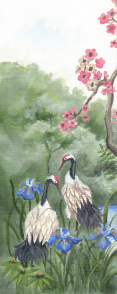 Canvas wall hanging panel showing two cranes in lush greenery with blue irises and pink cherry blossoms in a watercolor landscape
