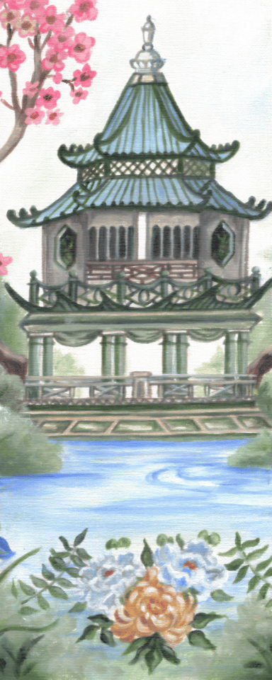 Canvas wall hanging panel featuring a traditional Chinese pavilion with cherry blossoms, flowing water, and flowers in the foreground