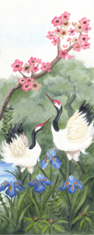 Canvas wall hanging panel featuring a pair of cranes with pink cherry blossoms and blue irises next to water
