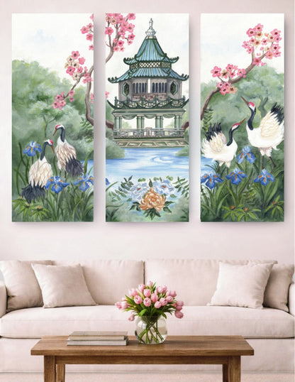 Cranes & Pagoda Wall Hanging Trio