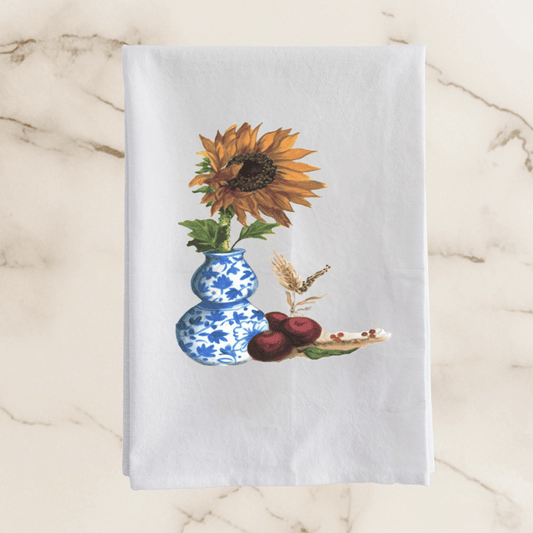 Fall Sunflower and Chinoiserie Vase Tea Towel