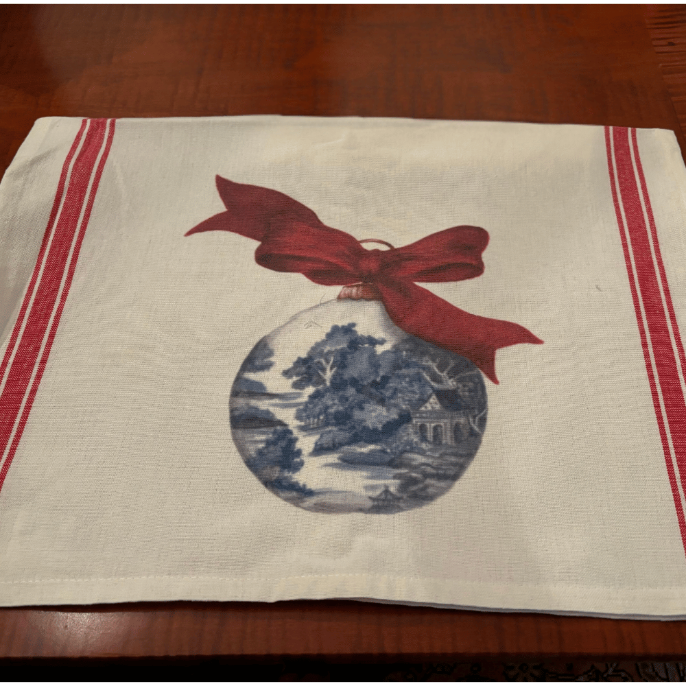 Christmas Chinoiserie Ornament and Bow Tea Towel