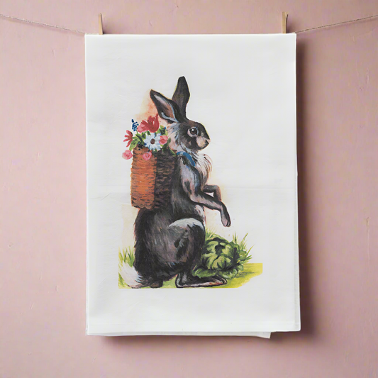 Garden Bunny with Flower-Filled Backpack Tea Towels